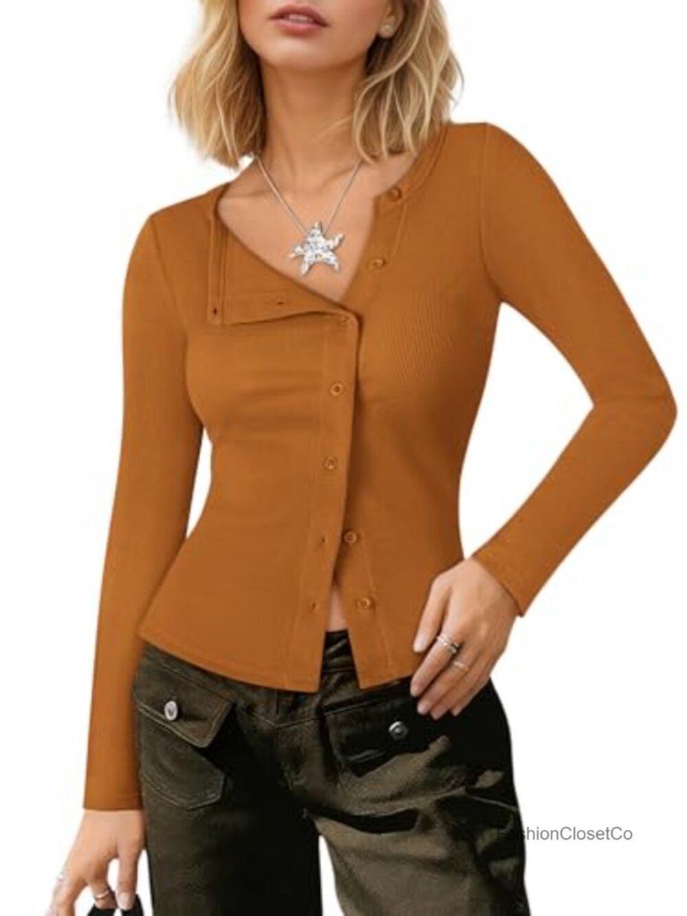 Women's Cropped Cardigan Asymmetrical Button Up Long Sleeve Ribbed Knit